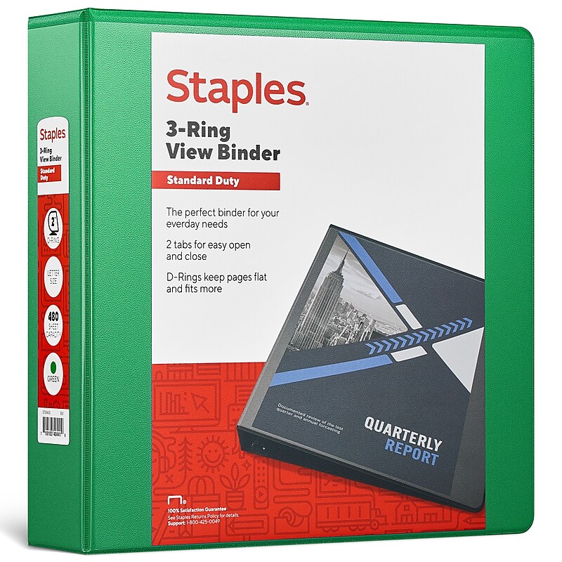 Staples 2" 3-Ring View Binder, D-Ring, Green (ST55433) image 1
