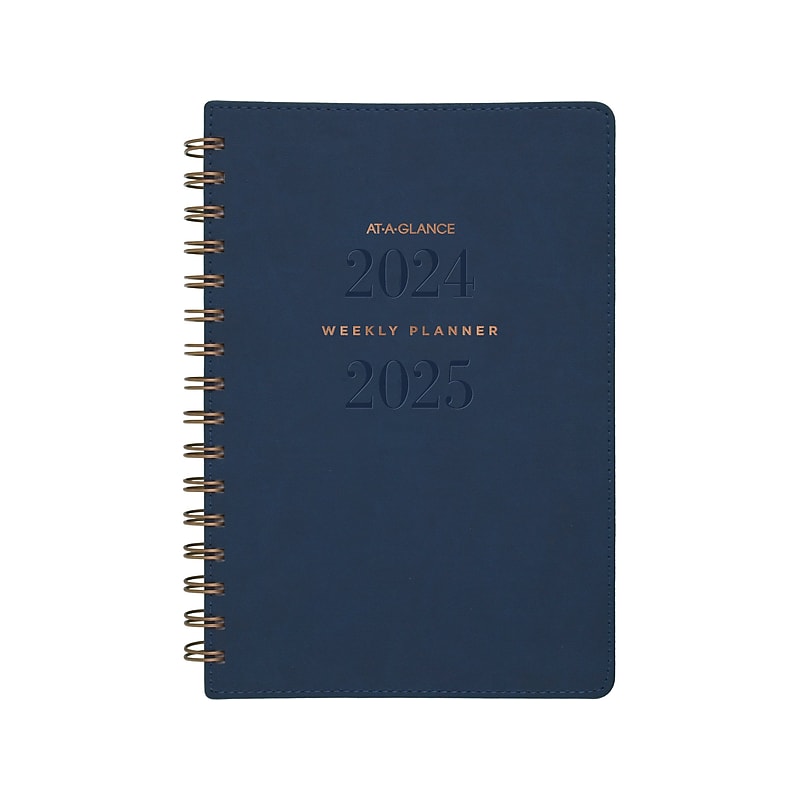 2024-2025 AT-A-GLANCE Signature Collection 5.5" x 8.5" Academic Weekly & Monthly Planner, Faux Leather Cover, Navy image 1