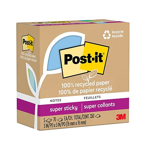 Post-it Recycled Super Sticky Notes, 3 in x 3 in, Oasis Collection, 5 Pads  