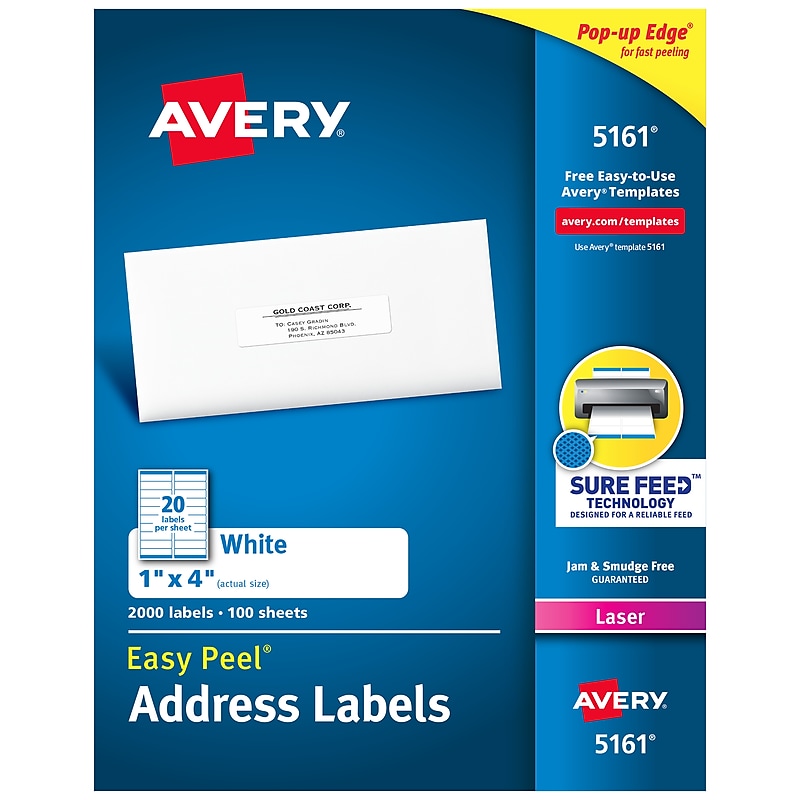 Avery Easy Peel Laser Address Labels, 1" x 4", White, 2,000 Labels/Box (5161) image 1