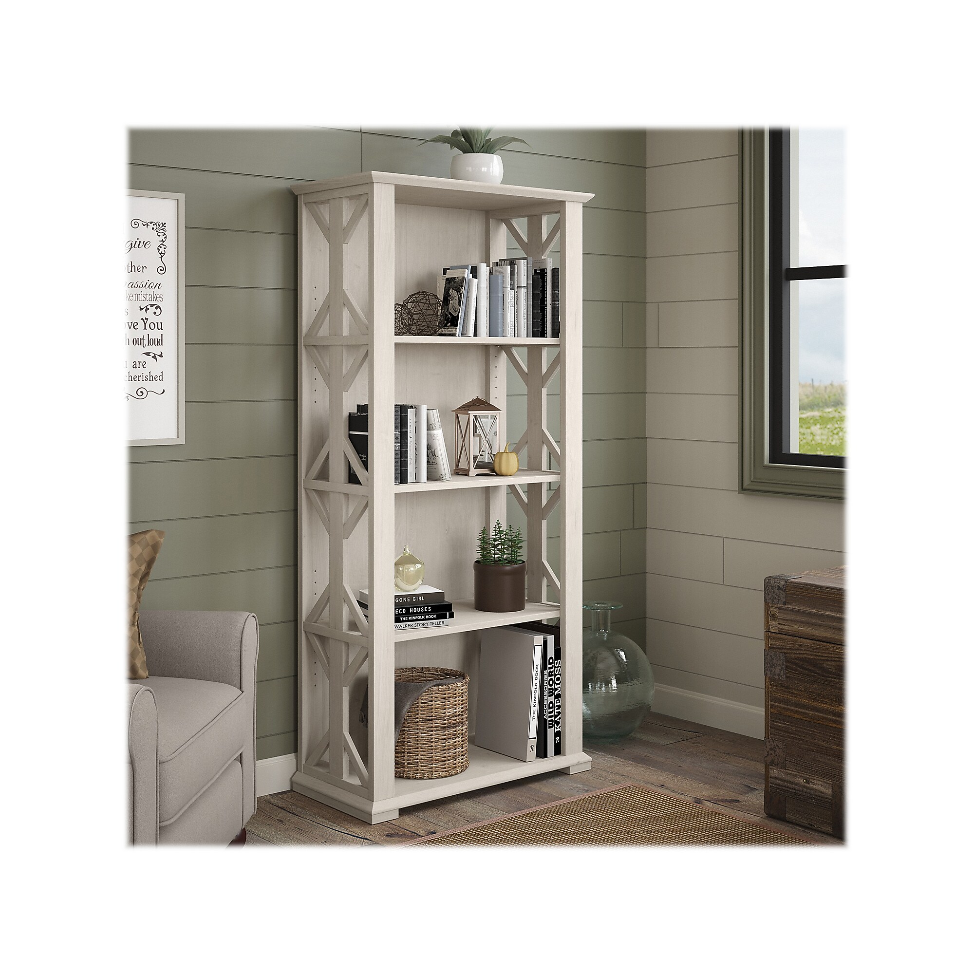 Bush Furniture Homestead 66″H 4-Shelf Bookcase with Adjustable Shelves, Linen White Oak Laminated Wood (HOB166LW-03) Sansujyuku sansujyuku.com
