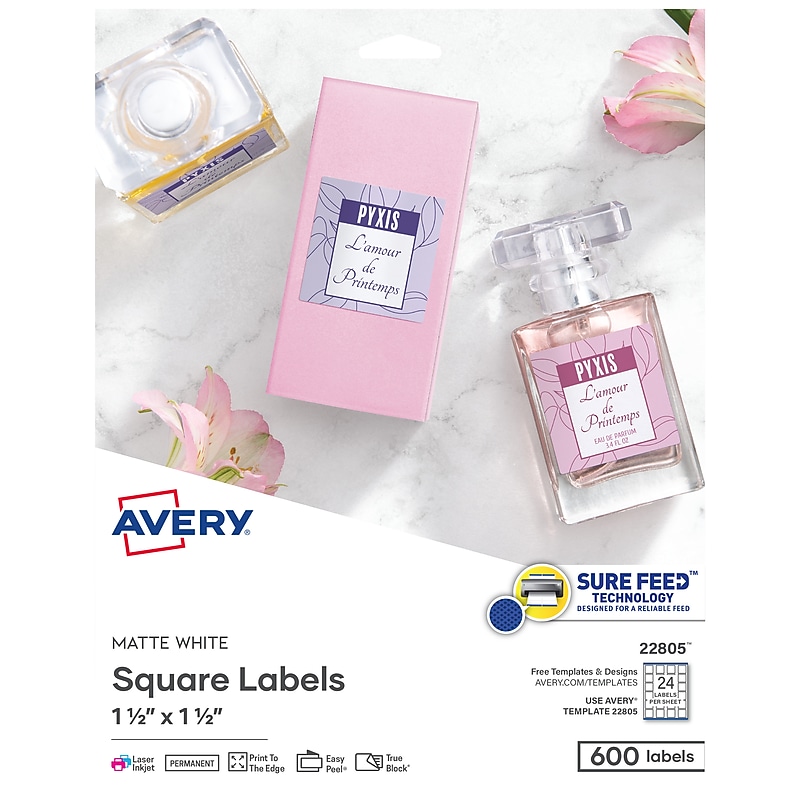 Avery Print-to-the-Edge Laser/Inkjet Square Labels, 1 1/2" x 1 1/2", White, 600 Labels/Pack (22805) image 1