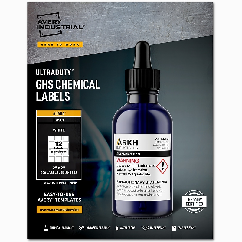 Avery UltraDuty Waterproof Laser GHS Chemical Labels 2" x 2", White, 600 Labels/Box (60506) image 1