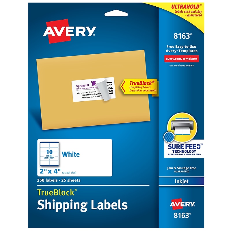 Avery TrueBlock Inkjet Shipping Labels, 2" x 4", White, 250 Labels/Pack (8163) image 1