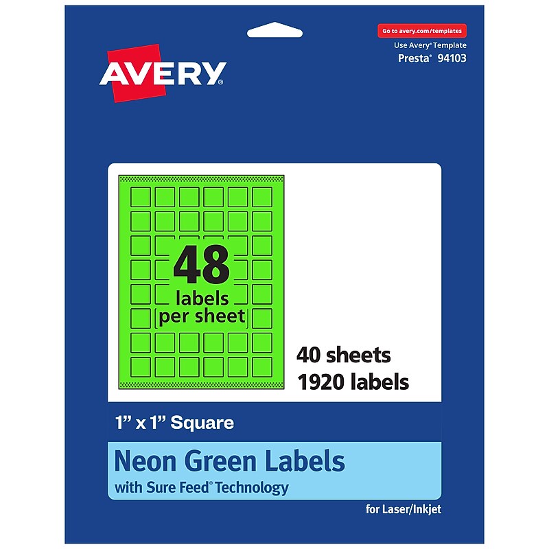 Avery Laser/Inkjet Multipurpose Square Labels, 1" x 1", Neon Green, 1920/Pack (94103) image 1