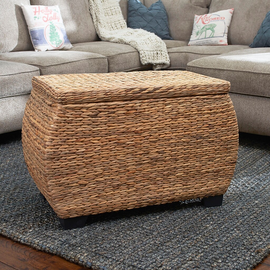Woven storage chest in living room with rug