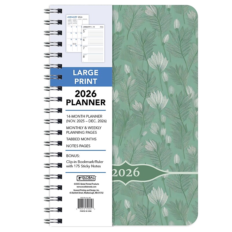 2026 Global Printed Products 5.5" x 8"  Weekly & Monthly Standard Planner, Plastic Cover, Green (RRY26-58J-86) image 1