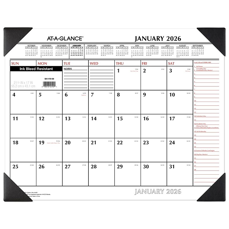 2026 AT-A-GLANCE 21.75" x 17" Monthly Desk Pad Calendar, White/Black (SK1170-00-26) image 1