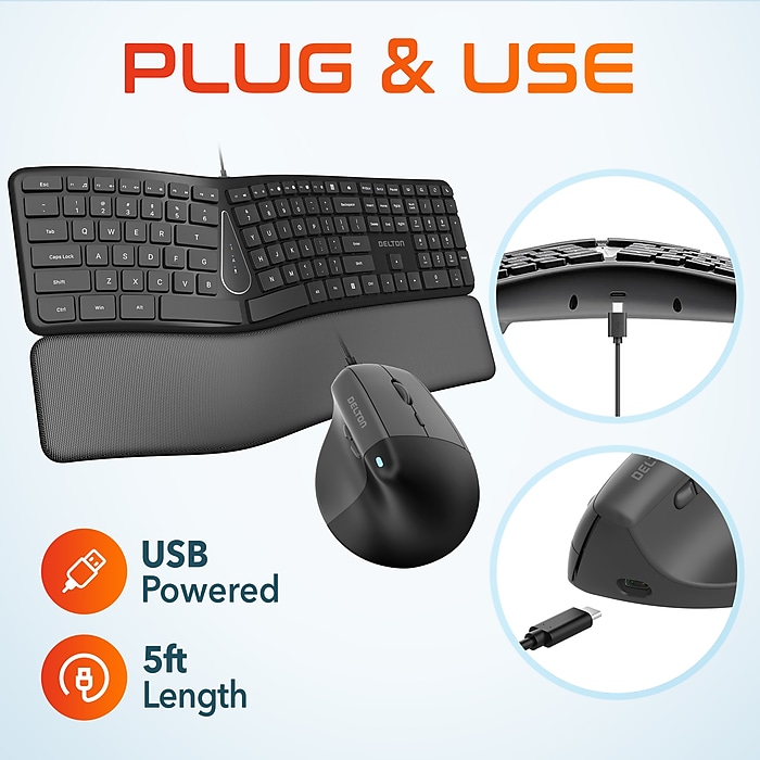 Delton KB250/S38 Wired Ergonomic Keyboard and Optical Mouse Combo