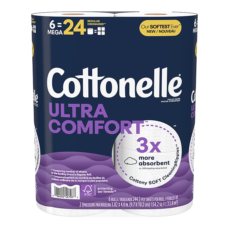 Cottonelle Ultra ComfortCare 2-Ply Standard Toilet Paper, White, 268 Sheets/Roll, 6 Mega Rolls/Pack (48611) image 1