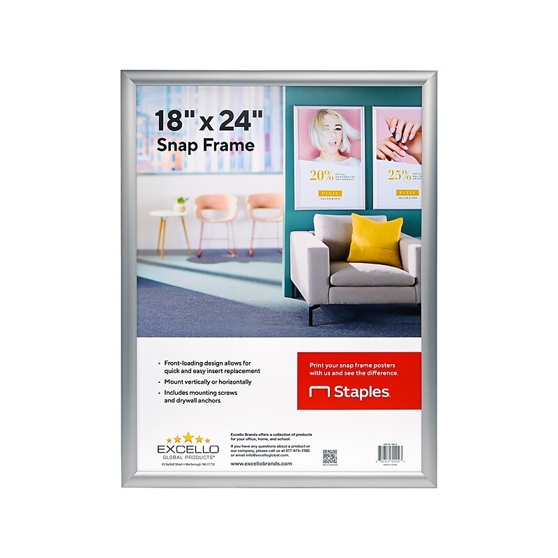 Excello Global Products Snap Frame Poster Holder, 24" x 18", Wall Mounted, Silver Aluminum (EGP-SF-1824-S) image 1