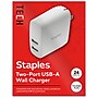 Staples TECH USB-A Wall Charger, 24W, White (ST62318)~#|#~1778B8BE-22F6-4061-B75F0D0593B01BF4_sc7
