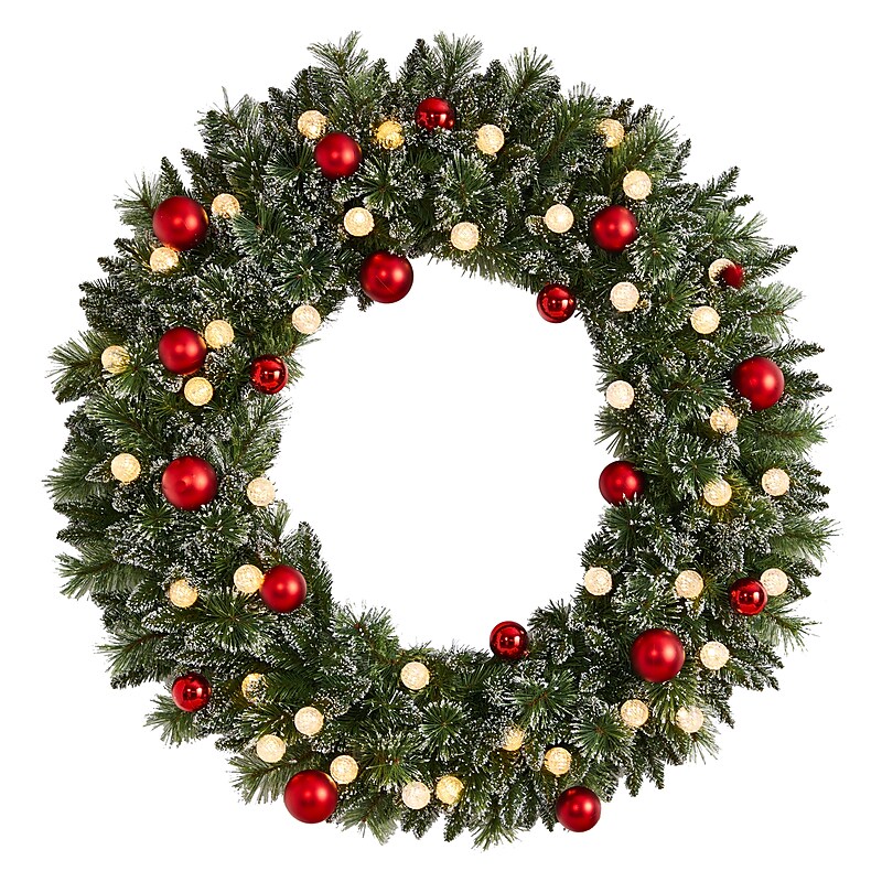 Nearly Natural 4-ft Oversized Pre-Lit Frosted Holiday Christmas Wreath with Ornaments and 40 LED Globe Lights (W1275) image 1