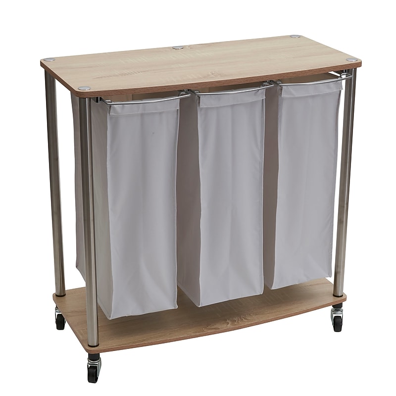 Household Essentials 3-Section Rolling Laundry Sorter with Lid, Laminated Wood, Ashwood (7050-1) image 1