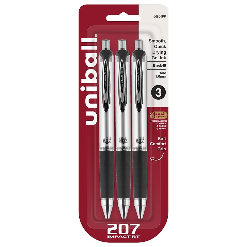 uni-ball Signo 207 Impact RT Retractable Gel Pen, Bold Point, Black Ink, 3/Pack (66904) image 1