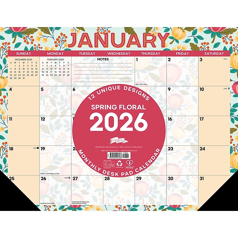 2026 Willow Creek Spring Floral 22" x 17" Monthly Desk Pad Calendar (57278) image 1