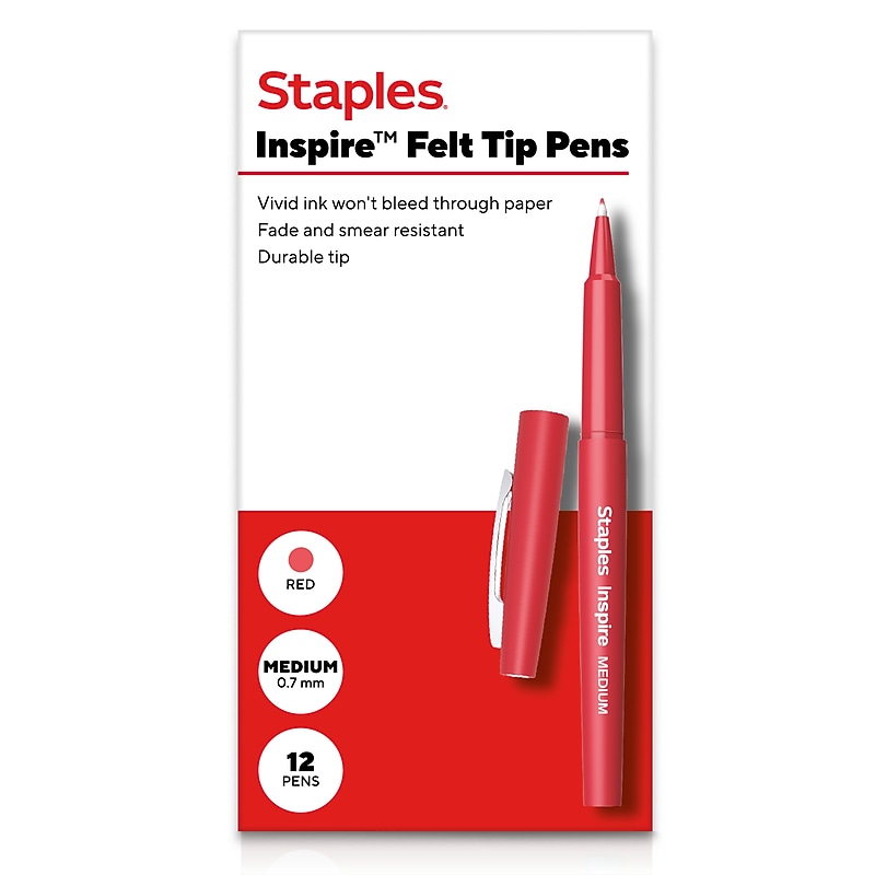 Staples Inspire Felt Tip Pen, Medium Point, 0.7mm, Red Ink, Dozen (ST63328) image 1