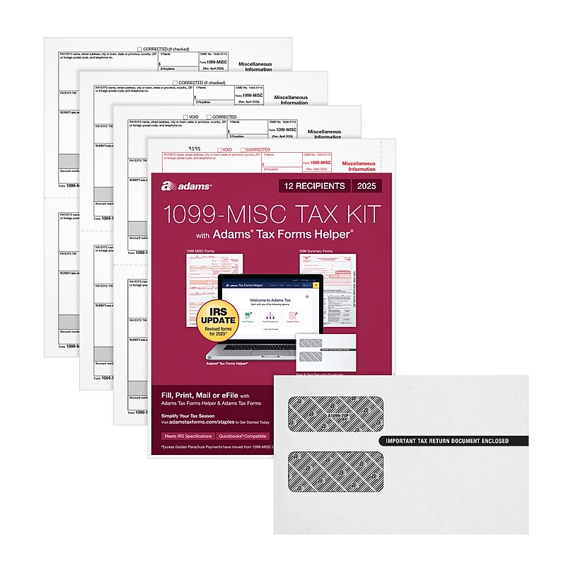 Adams 2025 1099-MISC Tax Forms Kit, 4-Part,  2-Up, A, 1, B & 2, 12/Pack (STAX512MISC-25) image 1