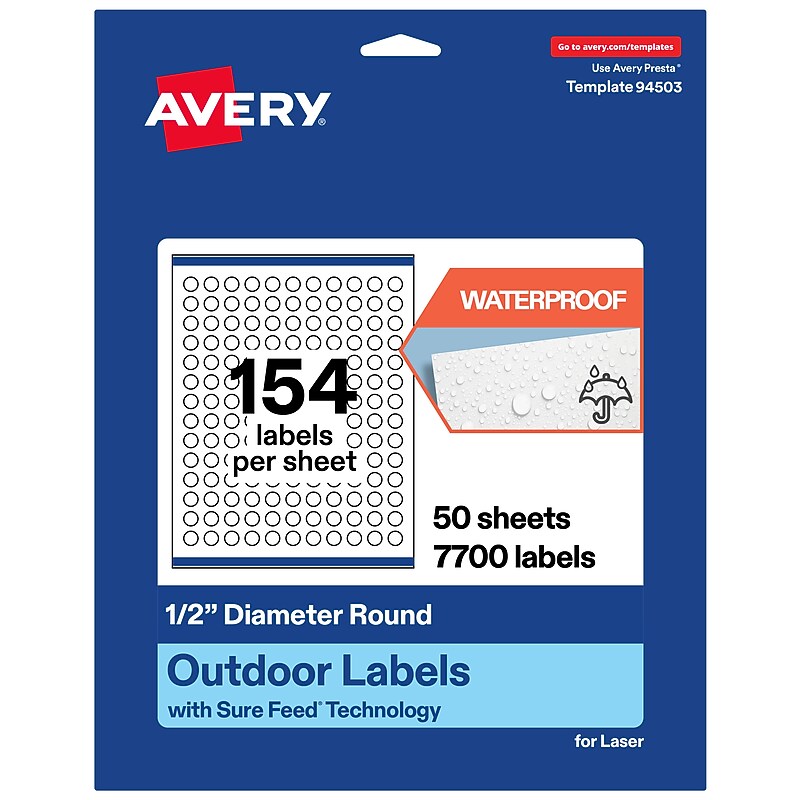 Avery Waterproof Round Laser Multipurpose Labels, 0.5" Dia., White, 7700/Box (19479399414) image 1