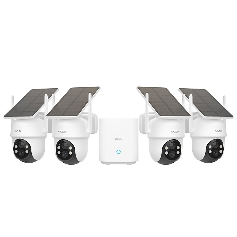 aosu 2K QHD 3.0-MP Outdoor Dual-Band Wireless AI-Smart Solar Security 4-Camera Kit with HomeBase Recorder, White (C9C-4H) image 1