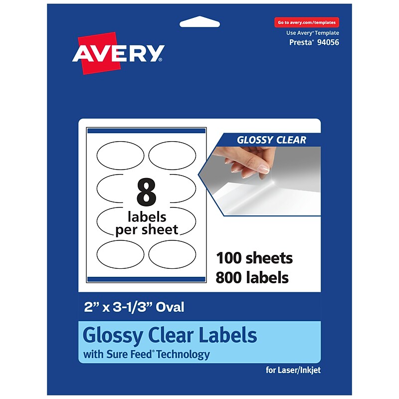 Avery Laser/Inkjet Multipurpose Oval Labels, 3.33" Dia, Glossy Clear, 800/Box (94056) image 1