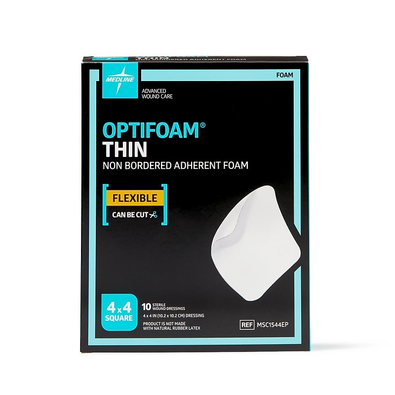 Medline Optifoam Thin Sterile Adhesive Foam Dressings, 4" x 4", 10/Box (MSC1544EPZ) image 1