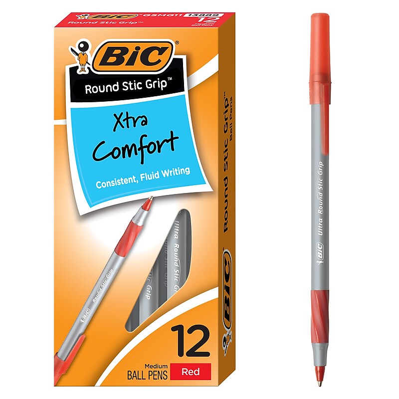 BIC Round Stic Grip Xtra Comfort Ballpoint Pens, Medium Point, Red Ink, Dozen (13889) image 1