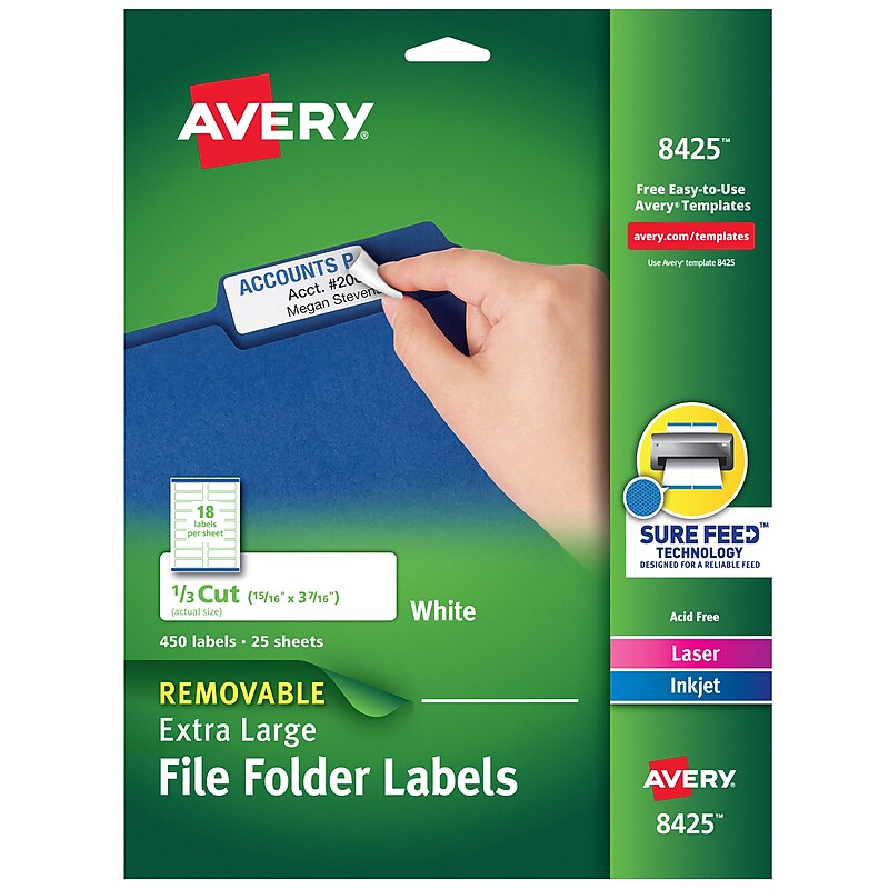 Avery Sure Feed Laser/Inkjet Extra Large File Folder Labels, 15/16" x 3-7/16", White, 450 Labels/Pack (8425) image 1