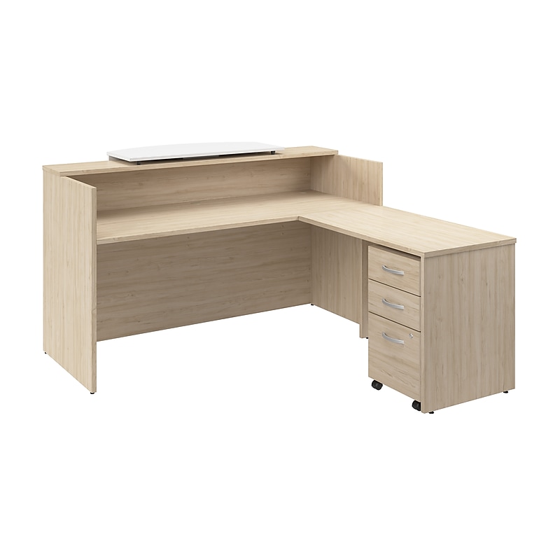 Bush Business Furniture Arrive 72"W L Shaped Reception Desk with Counter and Mobile File Cabinet, Natural Elm (ARV010NE) image 1