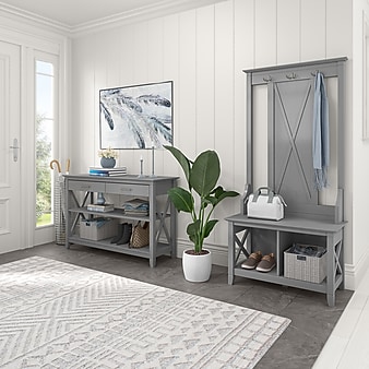 Bush Furniture Key West Entryway Storage Set with Hall Tree, Shoe Bench, and Console Table, Cape Cod Gray (KWS056CG)