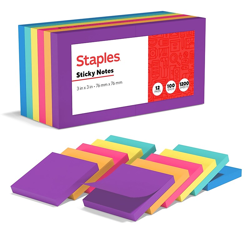 Staples Sticky Notes, 3" x 3", Sorbet Collection, 100 Sheets/Pad, 12 Pads/Pack (S-33BO12/52566) image 1