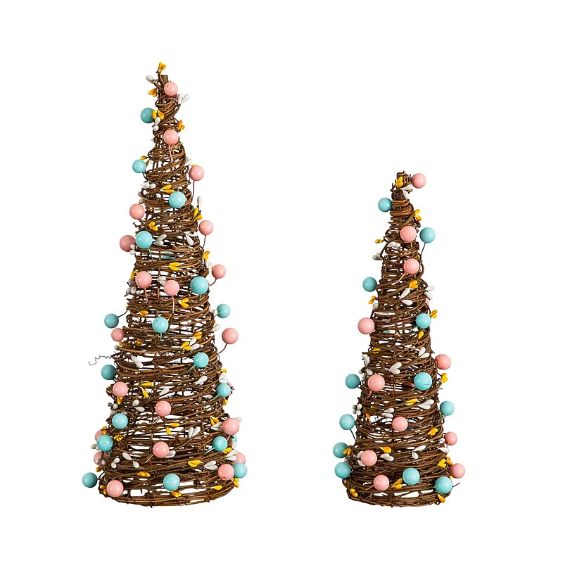Nearly Natural 12-in and 16-in  Artificial Easter Rattan Cone Trees with Pastel Eggs - Set of 2 (D1065) image 1
