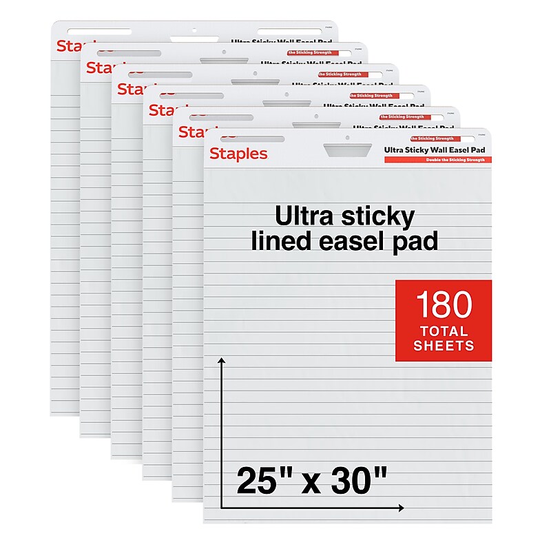 Staples Ultra Sticky Wall Easel Pad, 25" x 30", Lined, 30 Sheets/Pad, 6 Pads/Pack (ST62842) image 1