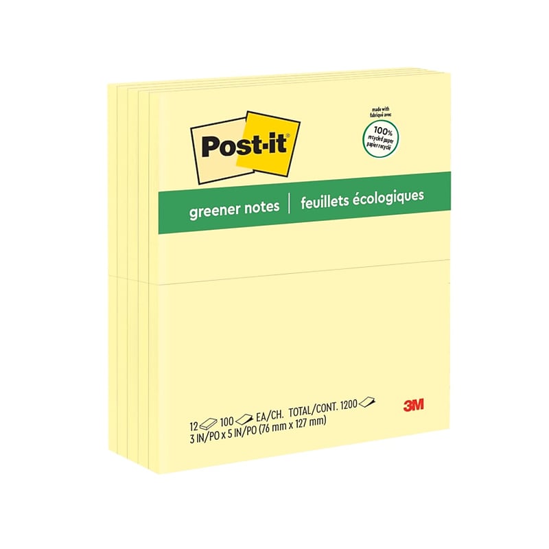 Post-it Greener Recycled Notes, 3" x 5", Canary Collection, 100 Sheet/Pad, 12 Pads/Pack (655RPYW) image 1