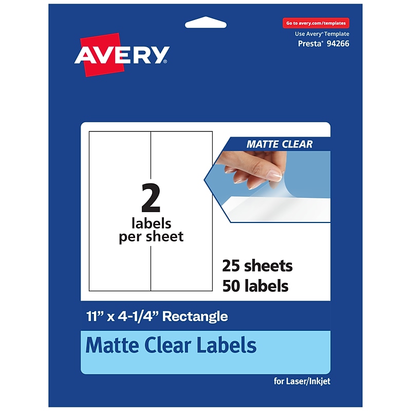 Avery Laser/Inkjet Rectangle Multipurpose Labels, 11" x 4-1/4", Clear, 50/Pack (94266) image 1