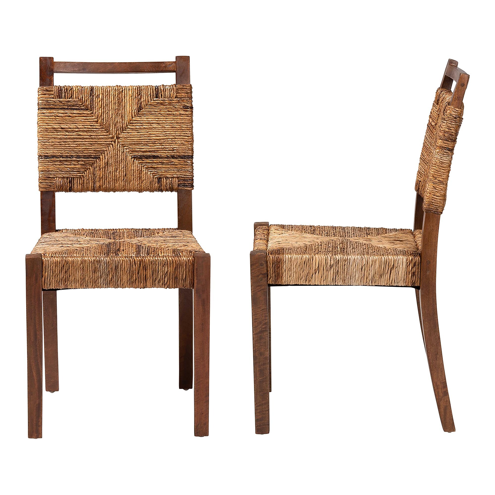 Bohemian natural seagrass dining chair set of 2 shown at angles with teak legs.