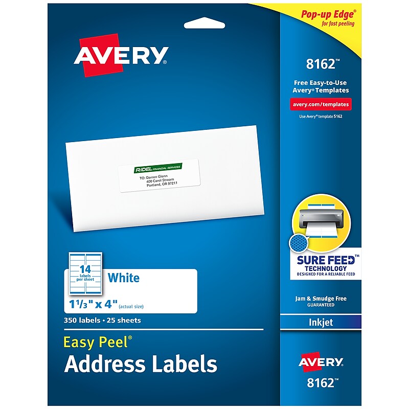 Avery Easy Peel Inkjet Address Labels, 1-1/3" x 4", White, 350 Labels/Pack (8162) image 1