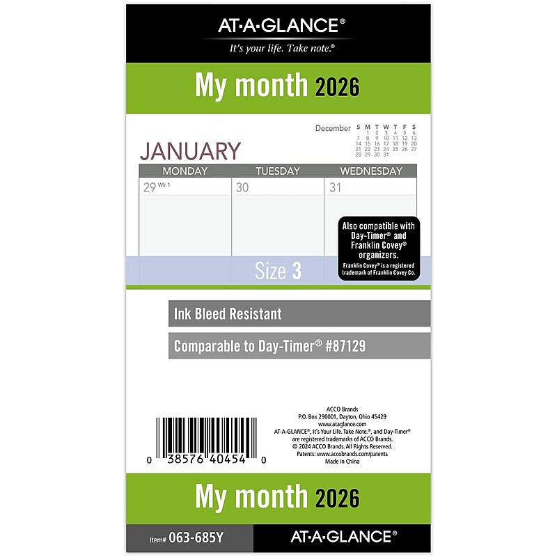 2026 AT-A-GLANCE 6.75" x 3.75" Monthly Refill Pages, White/Gray (063-685Y-26) image 1