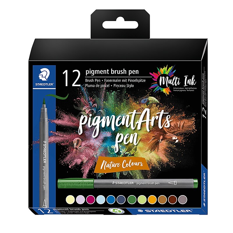 Staedtler Pigment Brush Pens, Brush/Fine Tip, Assorted Ink, 12/Pack (371 C12-3) image 1