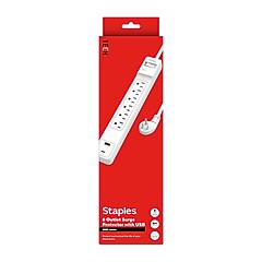 Staples TECH 6-Outlet Surge Protector, 8', 1800 Joules, White