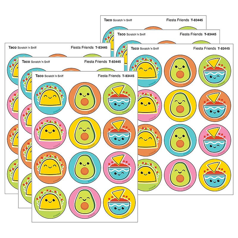 Trend Enterprises Fiesta Friends Taco scent Scratch 'n Sniff Stinky Stickers, Multicolored, 48/Pack, 6/Packs/Bundle (T-83445-6) image 1