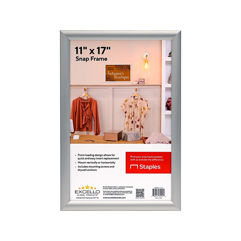 Excello Global Products Snap Frame Poster Holder, 11" x 17", Wall Mounted, Silver Aluminum (EGP-SF-1117-S) image 1