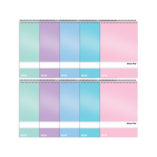 Better Office Steno Pads, 6" x 9", GreggRuled, Assorted Colors, 80 Sheets/Pad, 10 Pads/Pack