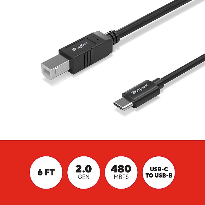 Staples TECH 6 ft. USB-C to USB-B 2.0 Cable, Male to Male