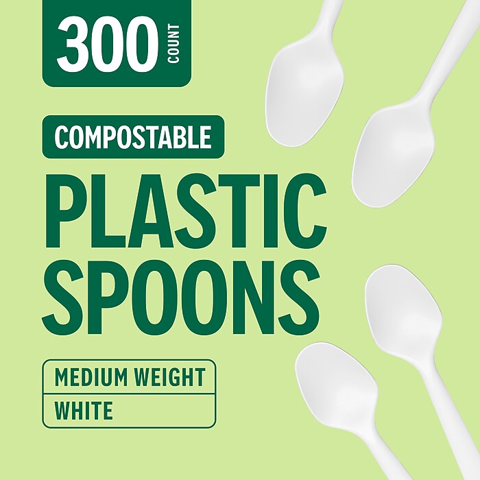 Perk™ Eco Compostable PLA Spoon, Medium-Weight, White, 300/Pack