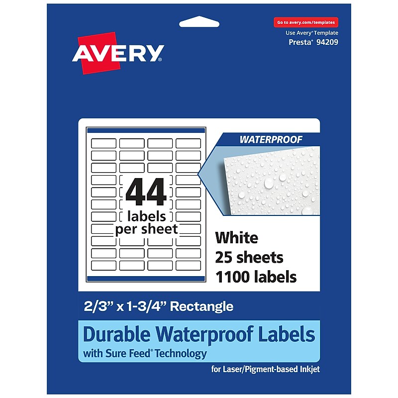 Avery Laser/Inkjet Rectangle Waterproof Multipurpose Labels, 1.75"  x 0.6667", White, 1100/Pack (94209) image 1