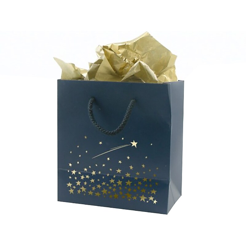 Baudville Stars Gift Bag, 6.5" x 6.5" x 3.5", Navy/Gold, 5/Pack (1391249P531) image 1