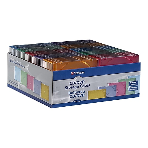 Verbatim Storage CD/DVD Slim Jewel Cases, Assorted Colors, 100/Pack (97836) Staples
