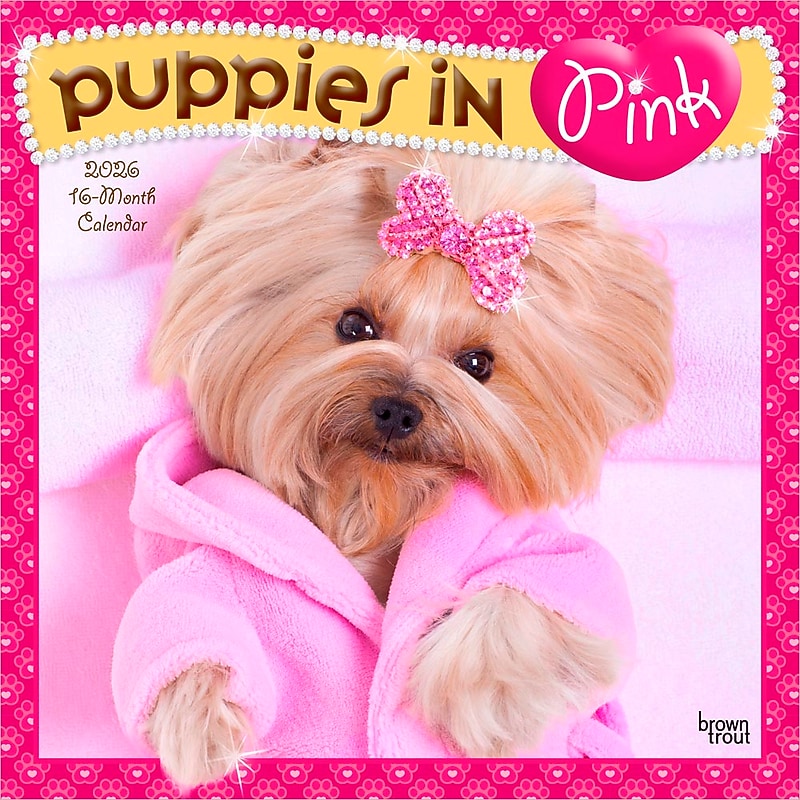 2026 BrownTrout Puppies in Pink 12" x 12"  Monthly, Paper Cover, Puppies in Pink (9798330705245) image 1