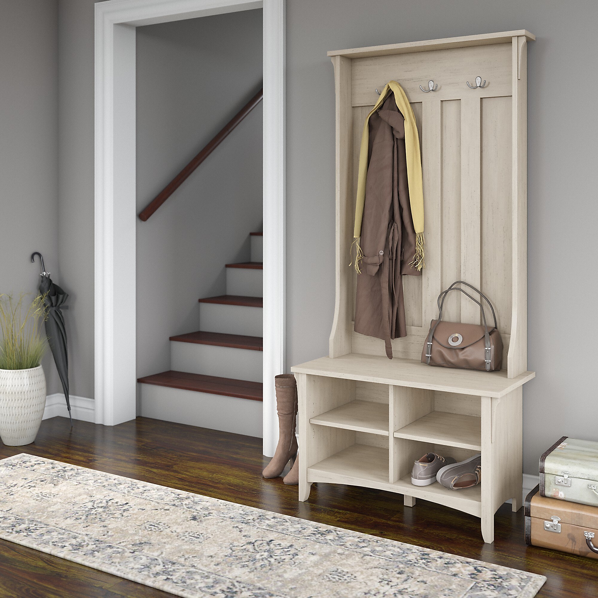 Bush Furniture Salinas Hall Tree with Storage Bench, Antique White (SAL001AW) Sansujyuku sansujyuku.com